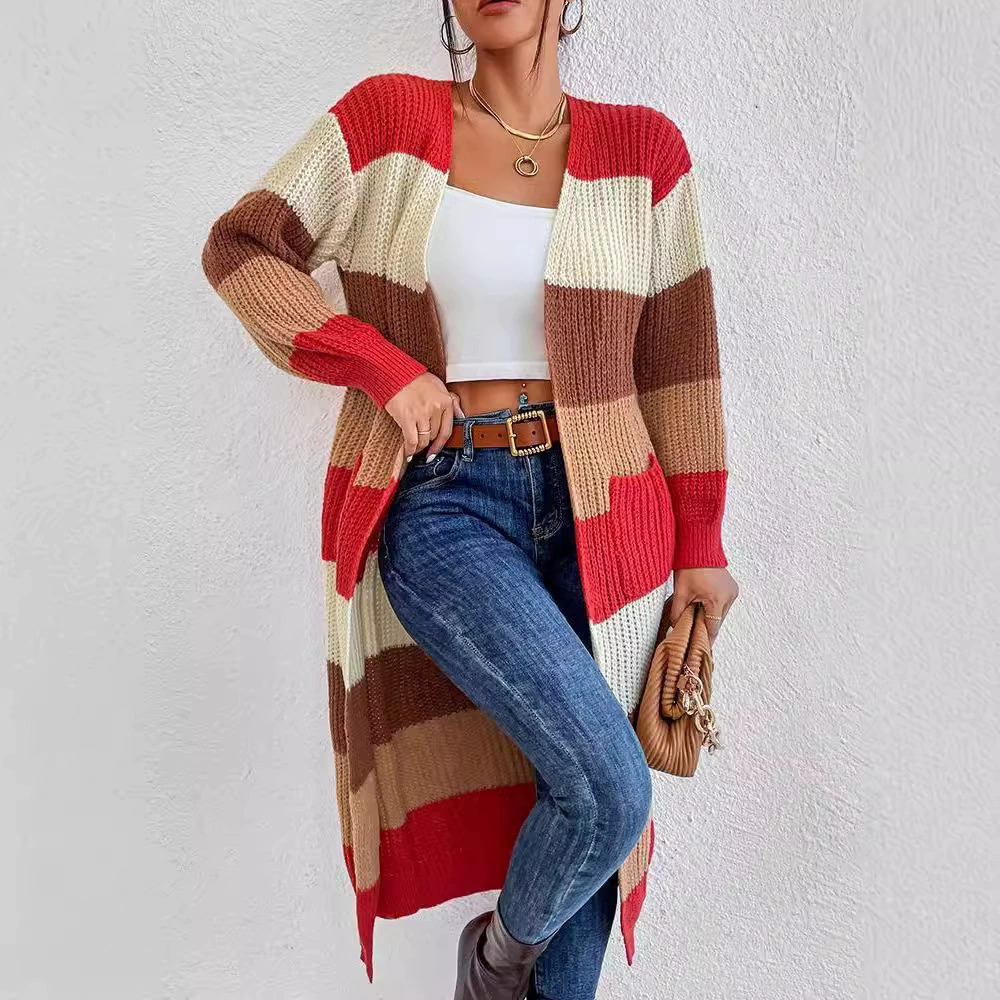 Forever 21 Striped Contrast Color Thick Knitted Long Cardigan